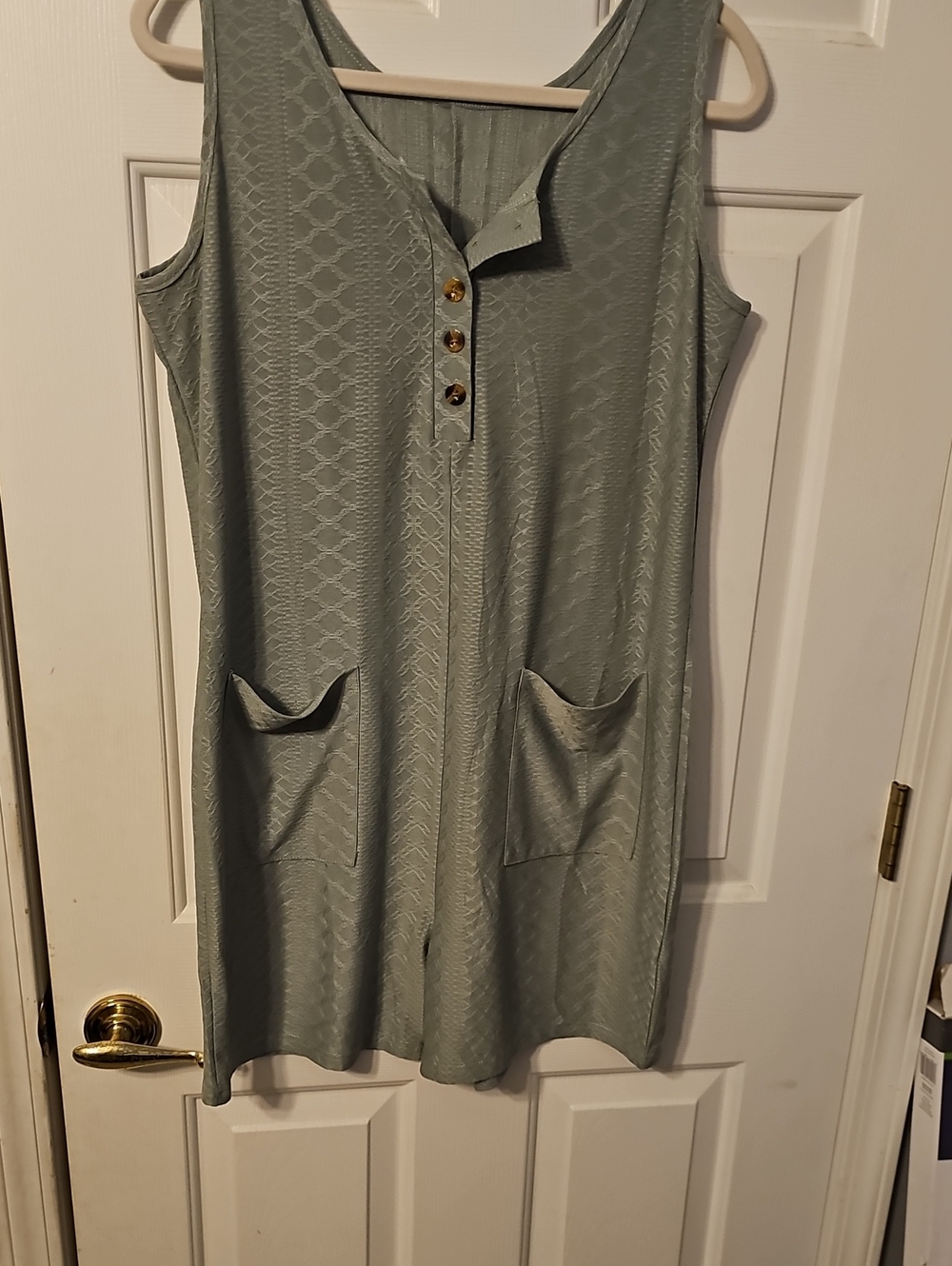 Sleeveless Sage Green Pocket Tunic Romper with Button Front